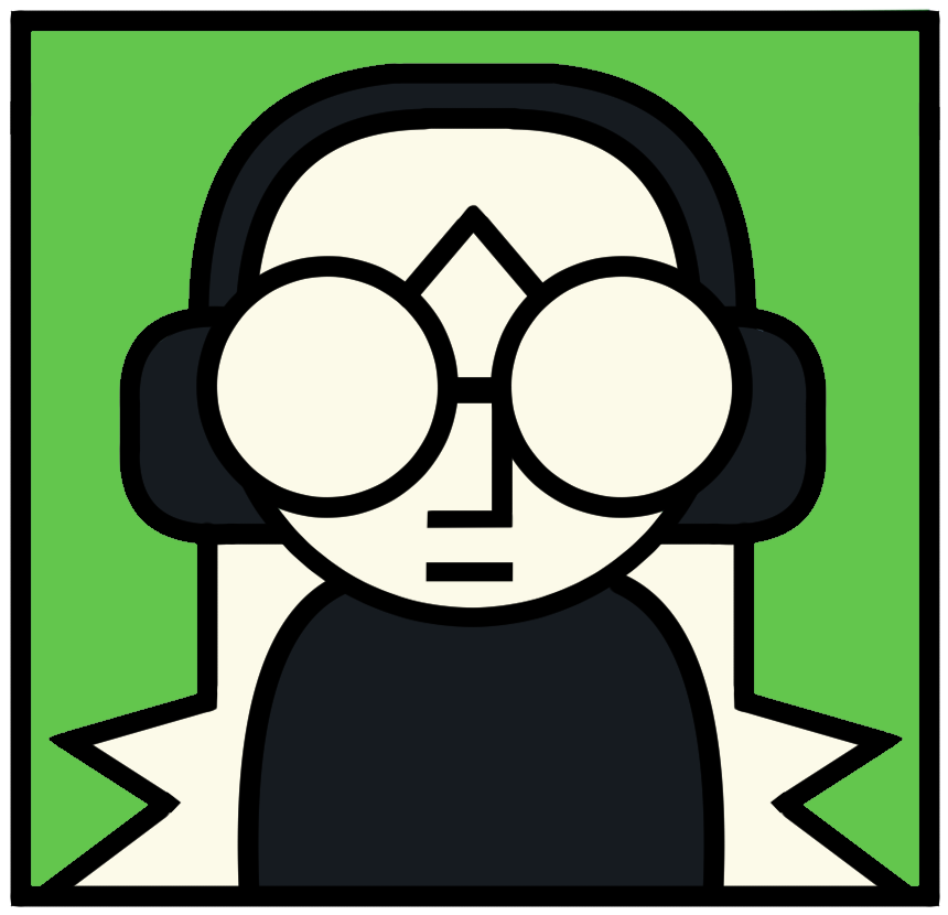 A digital drawing of a person with long hair, glasses, and headphones. The person is wearing a sweater with kuchipatchi on it. The drawing is in black and white, with subtle gray-green shading.